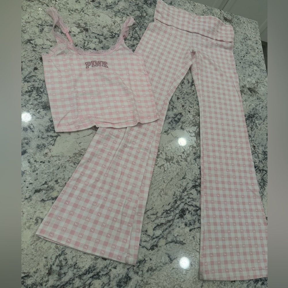 VS pink Love shack fancy pink and white flare leggings and tank slight damage
